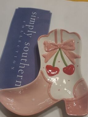 Simply Southern Pink Cherry Boot Trinket Tray with Red Cherry Accent
